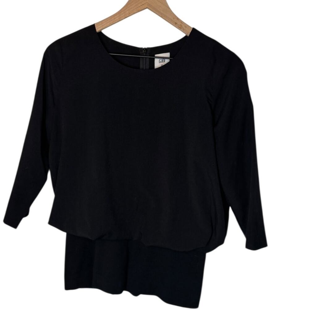 Cabi Black Layered Top XS 3/4 Sleeve Back Zip Peplum Balloon Blouse
